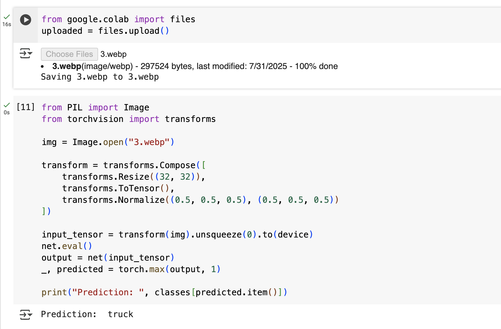 PyTorch CIFAR-10 image classification results on Google Colab
