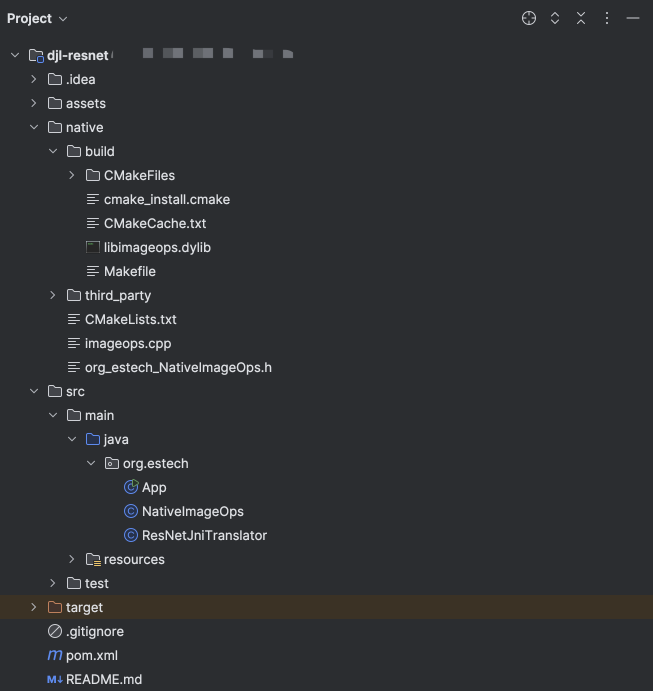 Project layout for DJL ResNet JNI preprocessing pipeline in Java